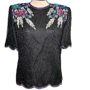 Vintage Laurence Kazar Black Beaded Floral Embroidered Silk Top 80s Glam